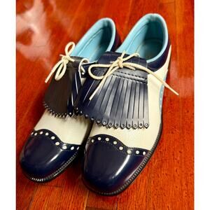 NWOT Vintage 70s Pro-shu Navy Blue White Preppy Cleats Golf Saddle Shoes Size 7M